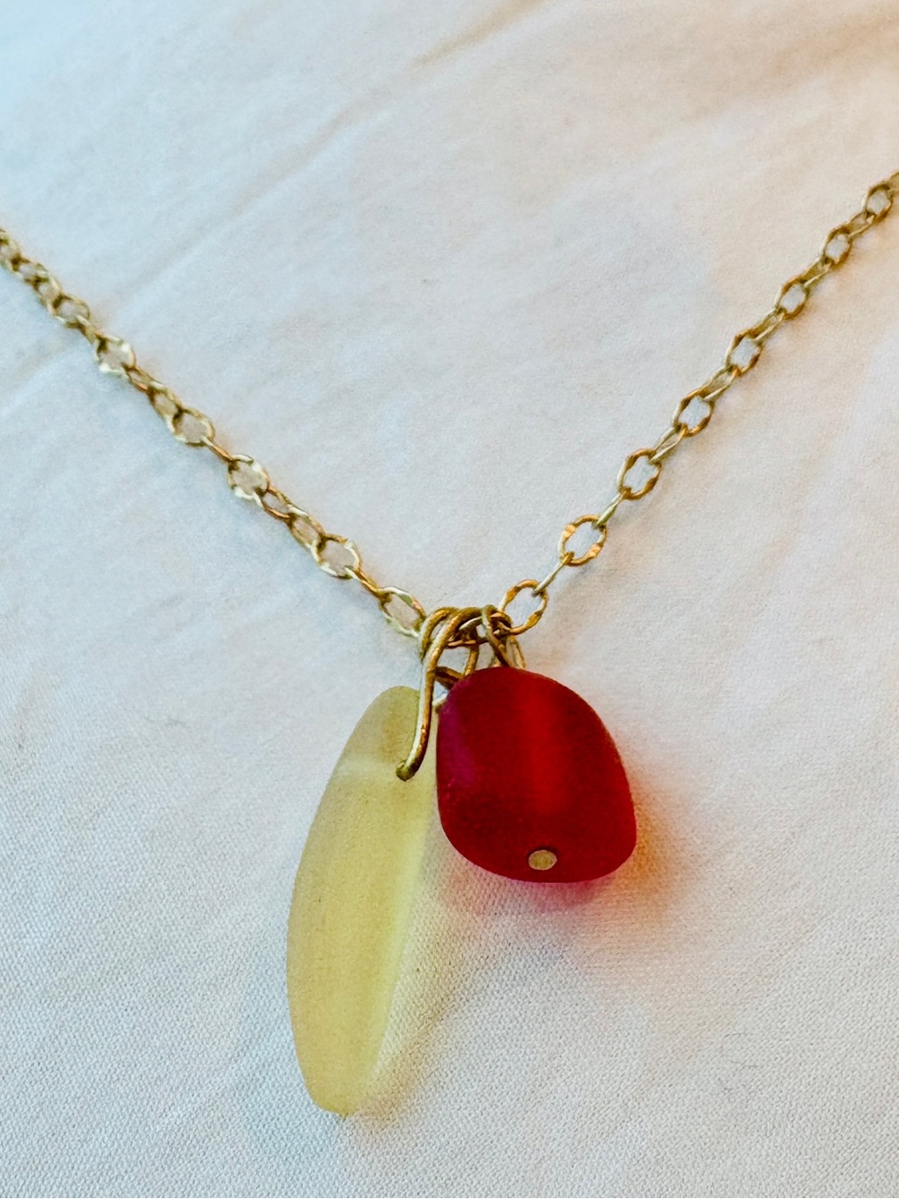 Gold Plated Satin 20” Chain Necklace with Red and Pale Sea Glass Charms